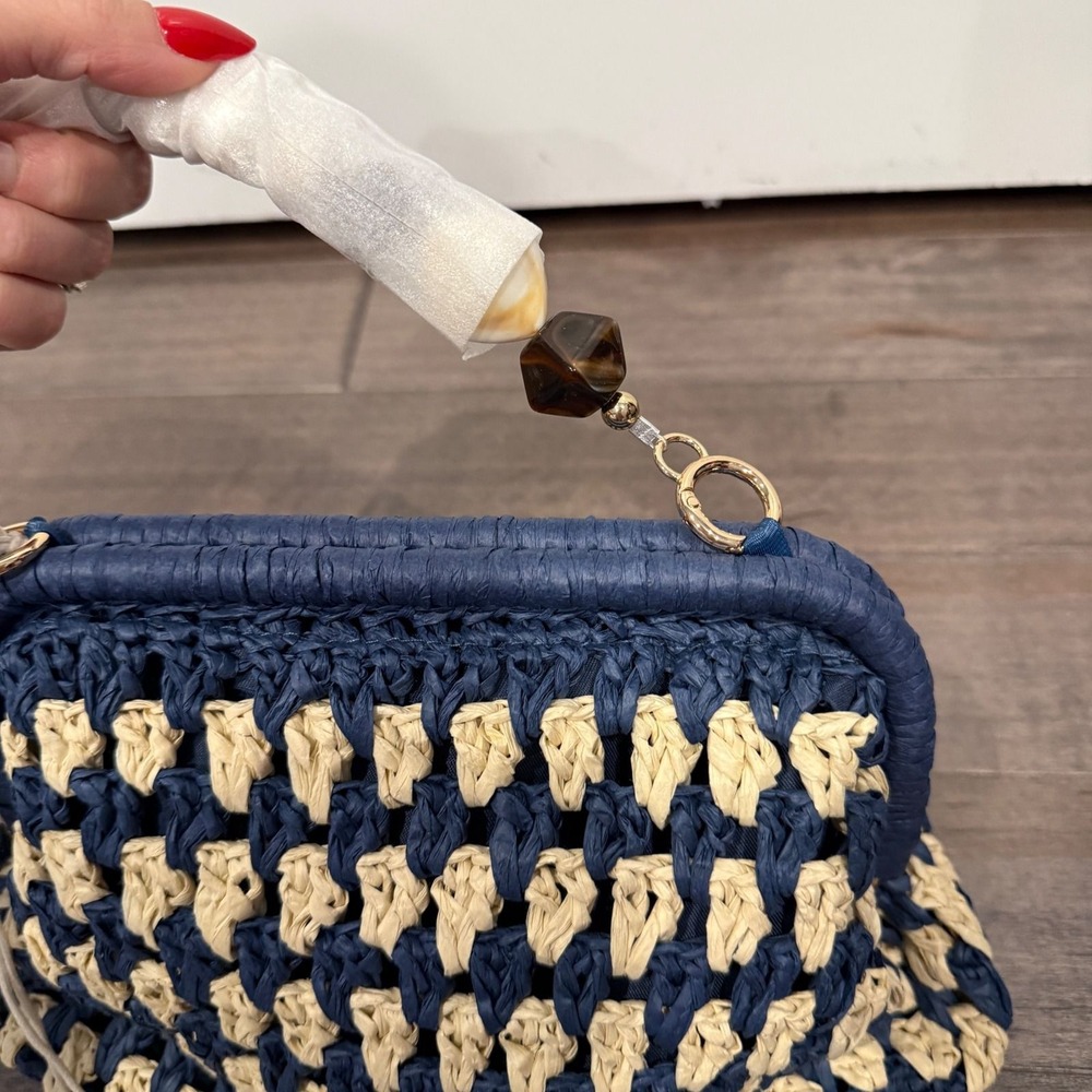 Altar'd State Woven Straw Clutch Navy Blue Cream Beaded Resin Handle Handbag - Picture 7 of 9
